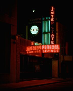 Interstate Federal Savings neon sign at night in Kansas City, Kansas