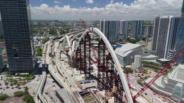 Downtown Miami bridge construction project aerial by drone
