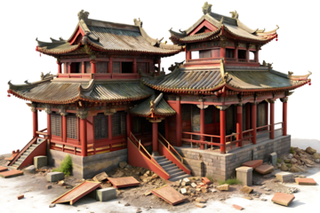 3d rendered ancient chinese palace ruin with red walls and tiled roofs isolated on a transparent background