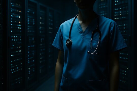 Doctor standing in data center with digital technology in background, healthcare innovation and data management concept healthcare and medical background