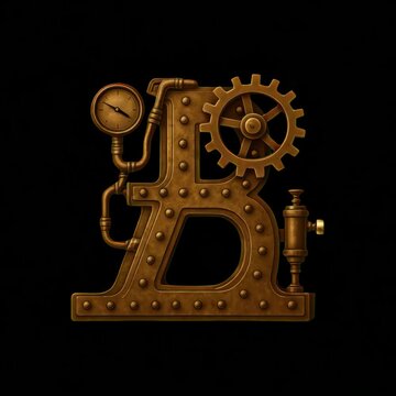 Steampunk letter B illustration animation isolated asset, transparent 4K video, alpha channel, ProRes 4444