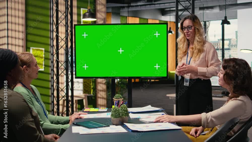 Aufkleber ambitious business partners aligning strategy in front of a chroma key screen in modern workspace, r