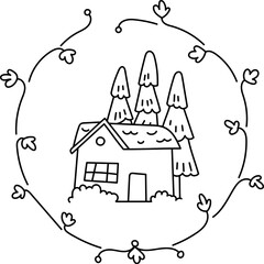 Cozy Cottage with Trees Doodle Frame