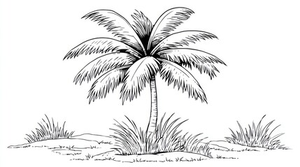 Fototapeta premium Pen and ink drawing of a palm tree on a small island with some grass