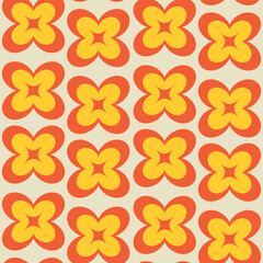 Retro 70s Flowers seamless pattern in mustard yellow and orange with atomic stars in the middle on beige background. For wallpaper, fabric and home décor