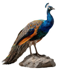 Obraz premium Png of A vibrant Indian peacock stands majestically on a rock, showcasing its stunning blue and green plumage.