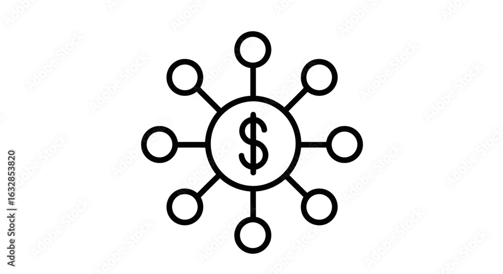 Poster vector art of a central dollar sign connected to multiple smaller circles, symbolizing financial dis