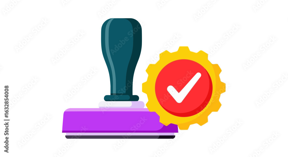 Poster vector art of a purple stamp with a green handle and a yellow gear with a red circle and a white che