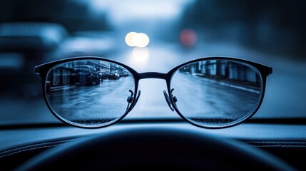 Eyeglasses with reflections of a city street on a rainy day