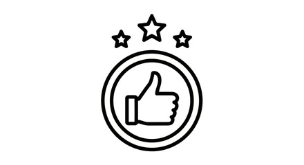 Vector art of a black outline icon featuring a thumbs up symbol inside a circle, adorned with three stars above, symbolizing excellence and approval