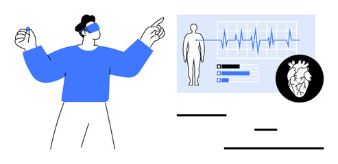 Medical professional examines dynamic charts, health metrics, human anatomy visuals, and heart data. Ideal for healthcare, telemedicine, medical technology, research, diagnostics fitness apps