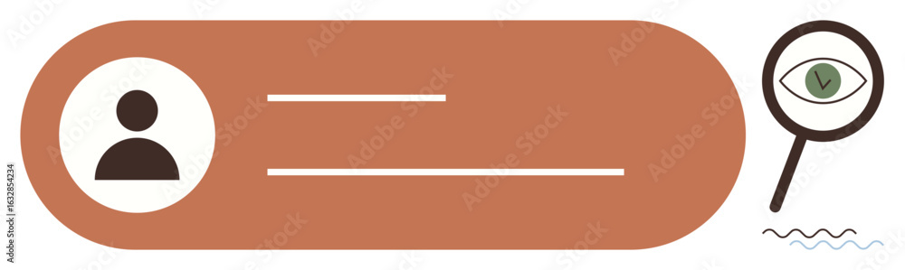 Poster user profile card with avatar and text lines alongside magnifier focusing on an eye with verificatio