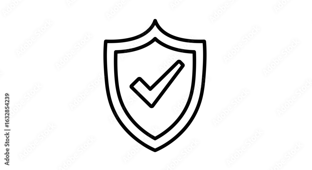Poster vector art of a simple black outline icon of a shield with a checkmark inside, symbolizing security 