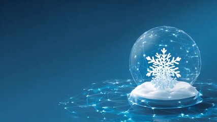 A digital rendering of a snow globe featuring a single snowflake on a bed of snow, set against a dark blue background.  The globe and base are outlined with a luminous network of points and lines - Powered by Adobe