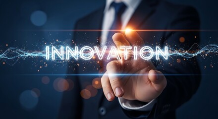 Businessman's hand touching the glowing word INNOVATION with digital light trails on a dark blue background