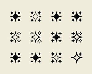 Hand drawn sparkle and star icon set, black vector collection of decorative twinkle and shine elements for design and illustration

