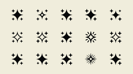 Hand drawn sparkle and star icon set, black vector collection of decorative twinkle and shine elements for design and illustration

