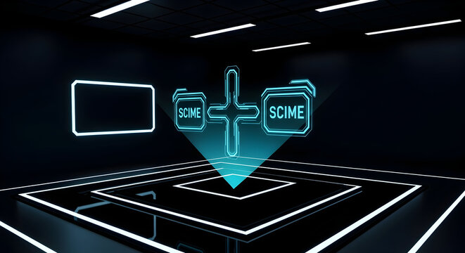 Sci-Fi Presentation In Abstract Futuristic Room Neon Lights Graphic Design