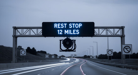 Roadside Rest Area Destination Sign On An Interstate Highway At Night