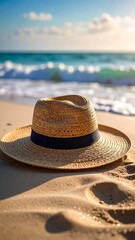 Straw hat on sandy beach at sunrise