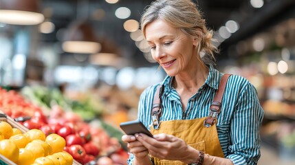older woman scanning groceries with mobile payment in modern store