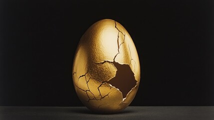 A cracked golden egg is standing on a dark surface