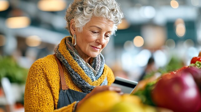 older woman scanning groceries with mobile payment in modern store