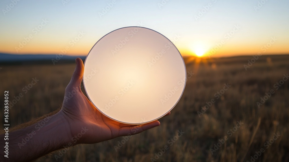 Poster a round object held in the hand, reflecting the setting sun.