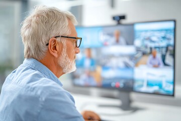 elderly man in virtual meeting on large screen, tech-savvy remote work setup