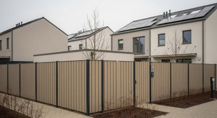 Naklejka premium Modern residential building with a private garden fence. New energy saving house architecture with solar panel system on roof.