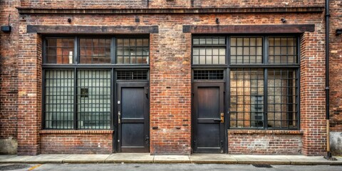 Distressed brick facade with black steel window frames and double doors at each street corner