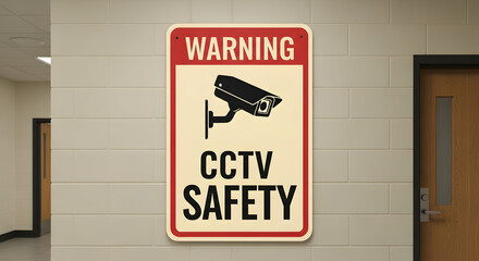 Obraz premium Security Surveillance Camera System Warning Sign In Public Building Interior