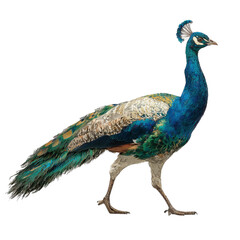 Obraz premium Png of Majestic peacock showcasing its vibrant blue and green plumage against a clean background.