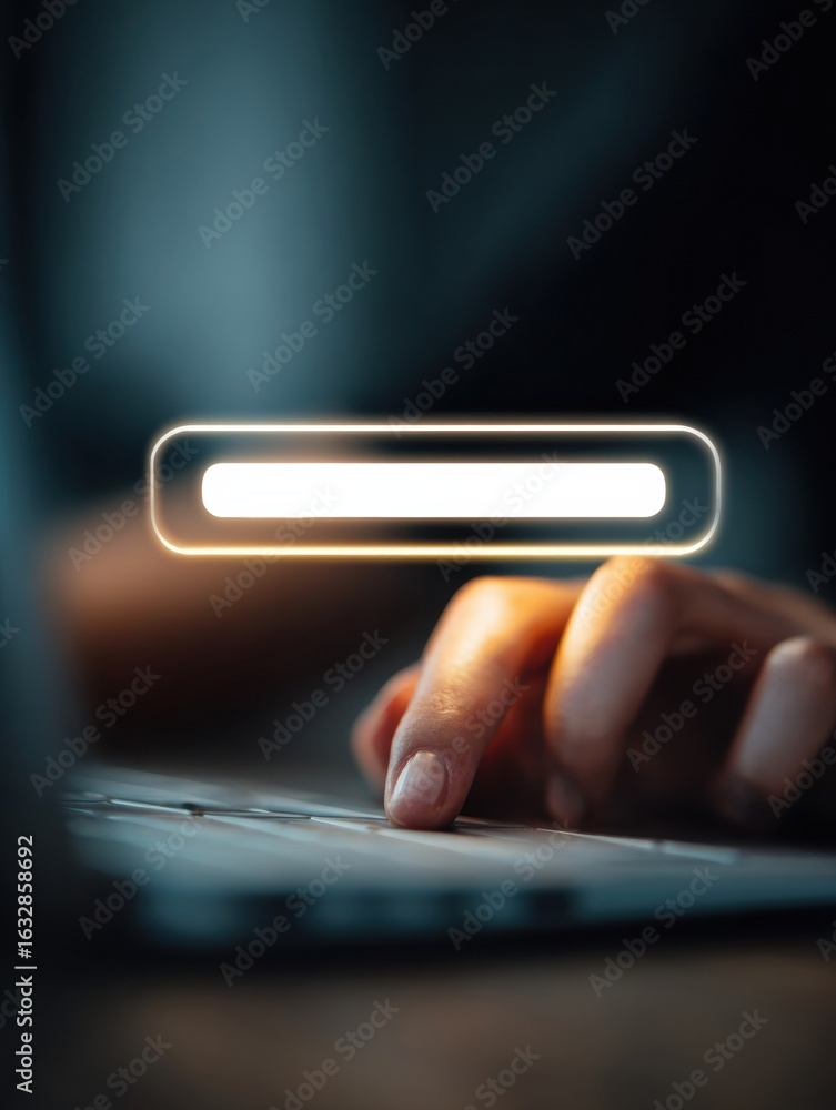 Poster user interacts with a laptop while digital loading bar appears in a dimly lit environment during lat