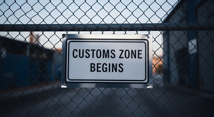 Start Of The Customs Zone Border Security With Metal Fence And Sign