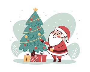 Festive Christmas Scene with Santa Claus Decorating a Tree with Gifts and Snowflakes for a Happy Holiday Celebration