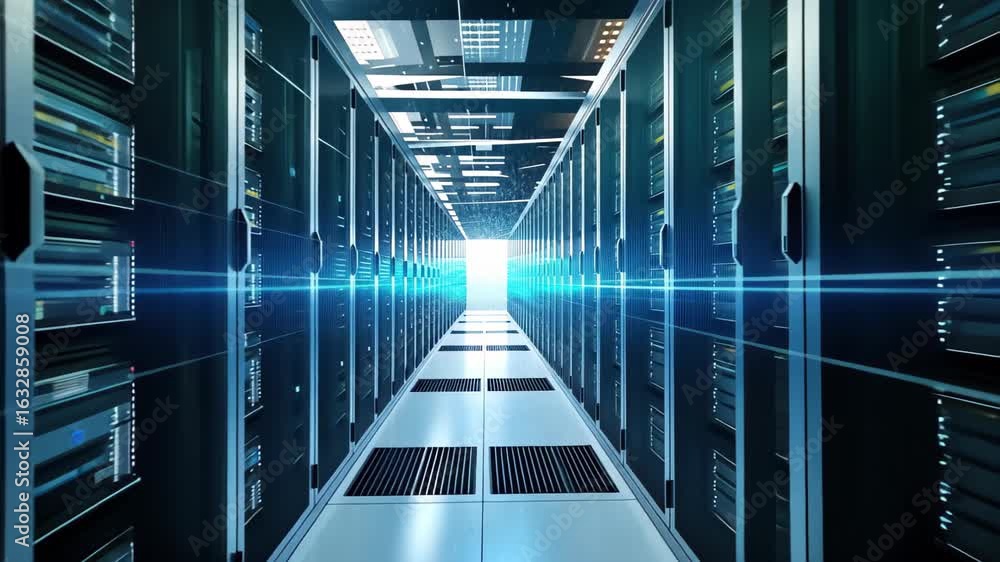Poster data center perspective: a striking perspective showcases a data center filled with rows of servers,