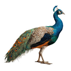 Obraz premium Png of A vibrant male peacock displaying its iridescent feathers with stunning colors, showcasing nature's beauty.