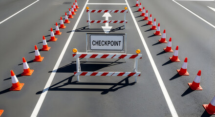 Roadway Safety Measure Temporary Traffic Checkpoint With Orange Cones And Barriers