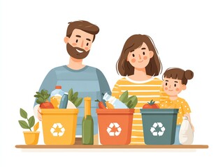 family sorting trash and recycling at home with labeled bins