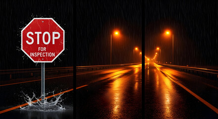 Stop Sign Illuminated On Rainy Highway At Night For Road Safety Awareness