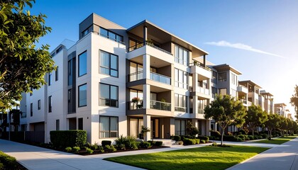 Modern apartment buildings along a sunny street