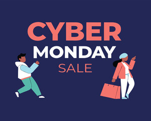 Cyber Monday sale with happy shoppers vector illustration offering incredible discounts and promotions perfect for advertising and marketing campaigns
