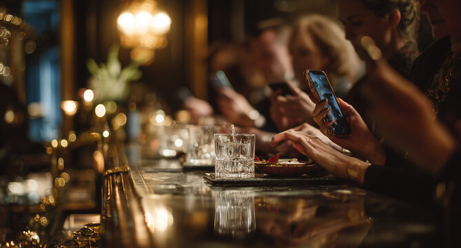 A person is pouring water into glasses on the bar counter crystal-clear glassware, stylish attire, soft lighting from overhead lamps Generative AI