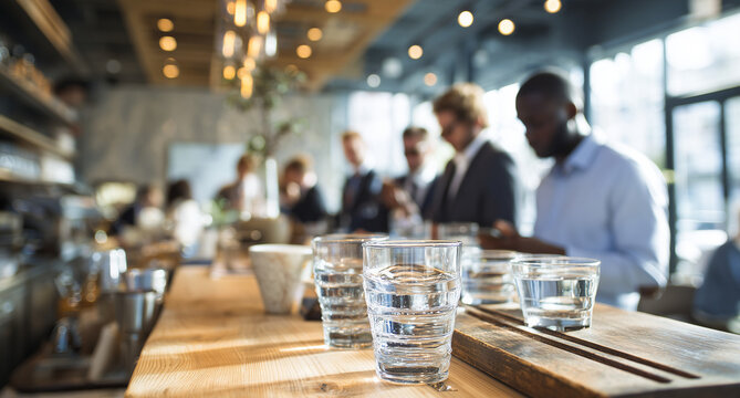 A person pouring water into glasses on the bar, people sitting at tables in the background holding phones, a group of businesspeople standing behind the counter and talking to each other Generative AI