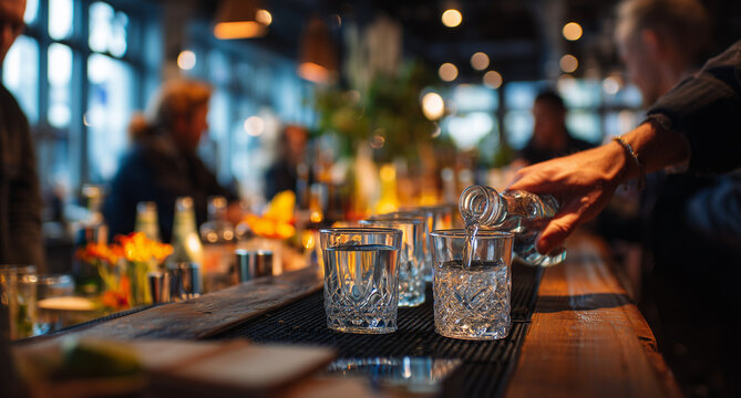 Close-up of hands pouring shots into glasses on the bar, people in the background talking and laughing, a modern restaurant setting with elegant decor Generative AI - Powered by Adobe
