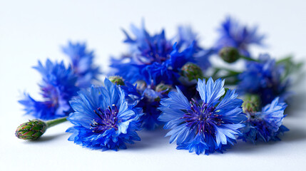 Close-up of vibrant blue cornflowers with delicate petals on a minimal white background