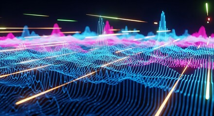Abstract visualization of glowing blue and pink digital sound waves and data streams with orange light streaks.