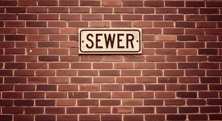 Obraz premium Sewer Sign Affixed To An Aged Brick Wall Background In Urban Setting