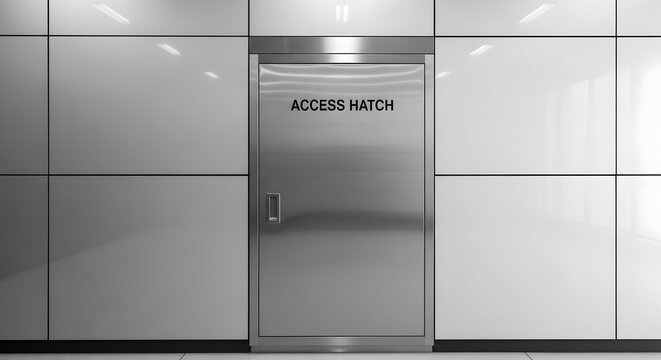Shiny Metal Access Hatch Door in a Tiled Modern Industrial Interior Space